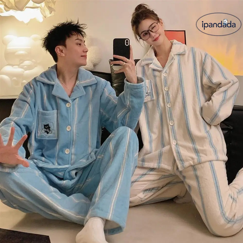 おそろい カップル パジャマ フランネル カーディガン 長袖 冬季新作 韓国風インスタ風 男女兼用 保温ホームウェア ID3137