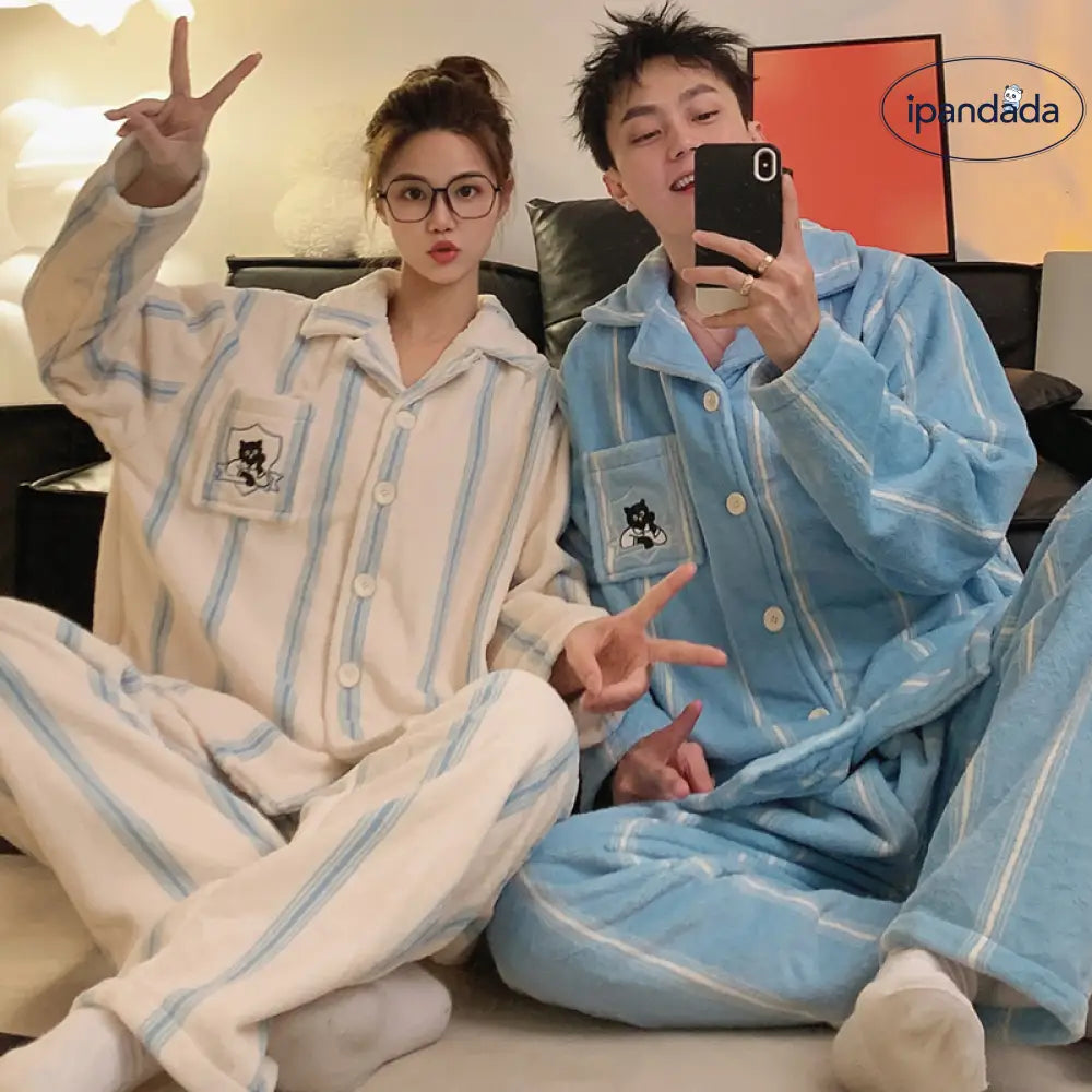 おそろい カップル パジャマ フランネル カーディガン 長袖 冬季新作 韓国風インスタ風 男女兼用 保温ホームウェア ID3137