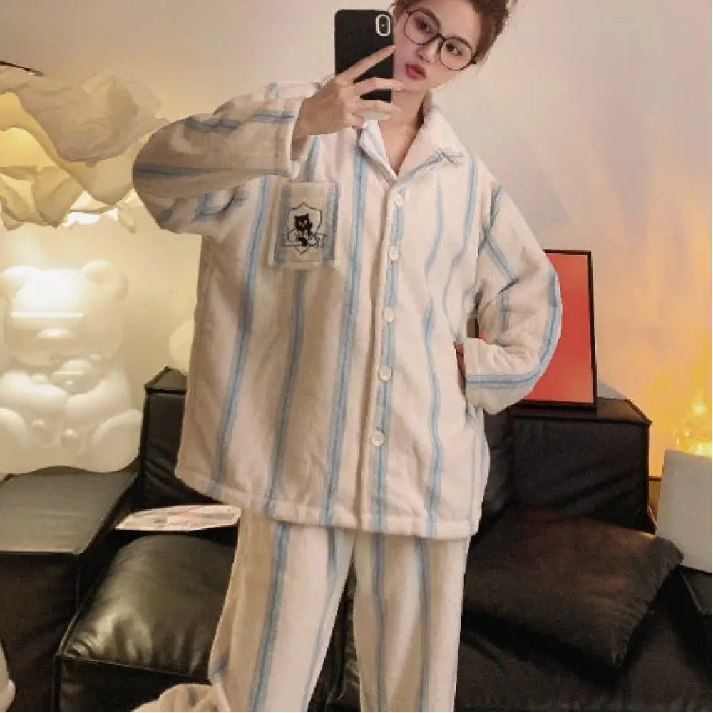 おそろい カップル パジャマ フランネル カーディガン 長袖 冬季新作 韓国風インスタ風 男女兼用 保温ホームウェア ID3137 写真通り / レディースＭ