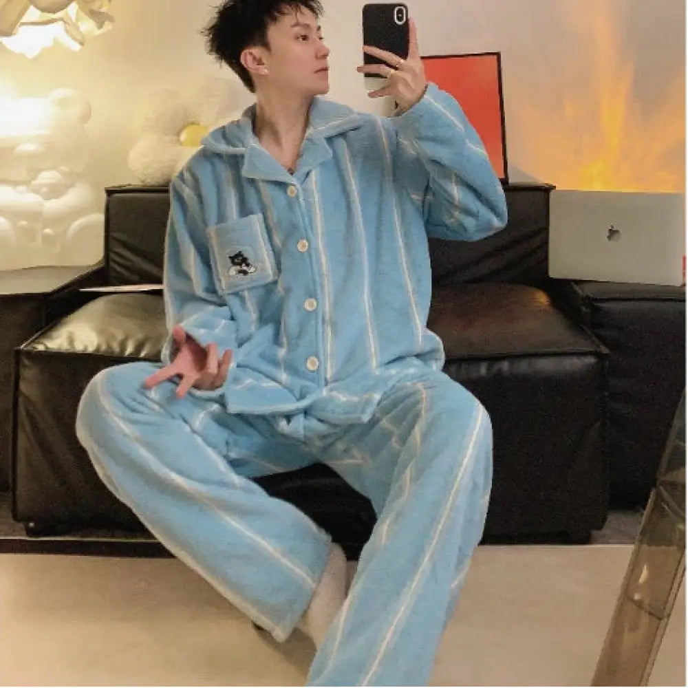 おそろい カップル パジャマ フランネル カーディガン 長袖 冬季新作 韓国風インスタ風 男女兼用 保温ホームウェア ID3137 写真通り / メンズL