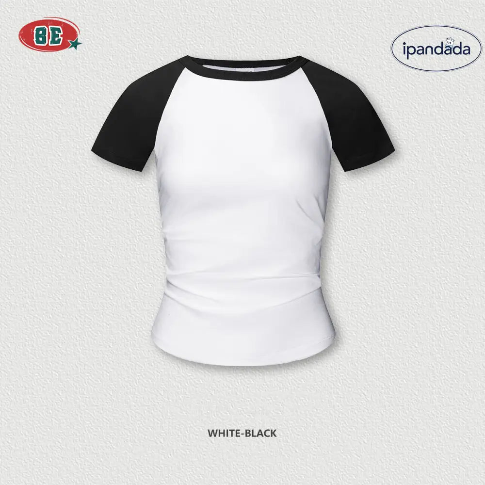 ID1248 【欧米ブランド風】ライトウェイト プリーツデザイン くびれ強調Tシャツ バイカラー スポーツ フィットネス 女性用 通気性 ブラック / S レディース > トップス