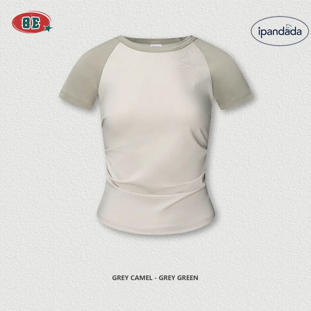 ID1248 【欧米ブランド風】ライトウェイト プリーツデザイン くびれ強調Tシャツ バイカラー スポーツ フィットネス 女性用 通気性 グレイッシュグリーン / S レディース > トップス