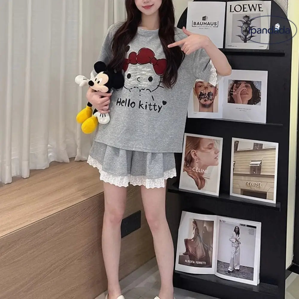 ID1469 パッド縫い込み レースフリル ハローキティ 半袖セット 薄手涼感 おうちリラックス かわいい おしゃれ