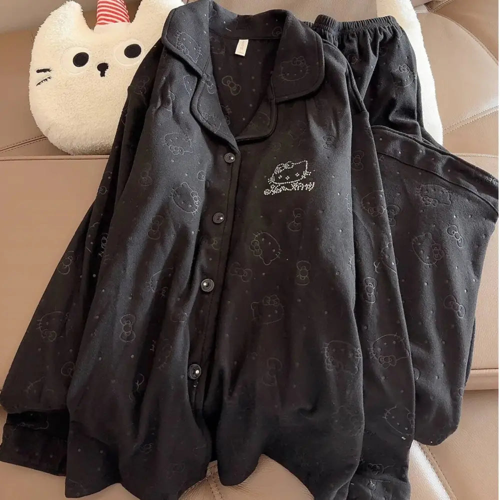 パッド付き 襟付き キルティング パジャマ セット 厚手 長袖 長ズボン 甘め ルームウェア 2点セット ID4034 ブラック / M