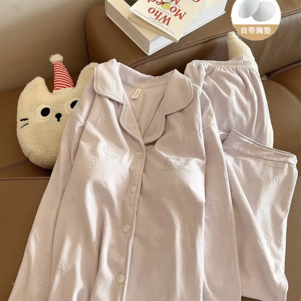 パッド付き 襟付き キルティング パジャマ セット 厚手 長袖 長ズボン 甘め ルームウェア 2点セット ID4034 ライトパープル / M