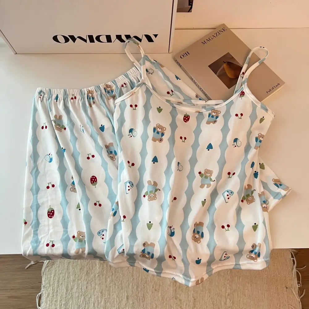 ID1378 パッド付き くまプリント キャミソール＆ショートパンツ セット レディース セクシー 可愛い ルームウェア 外出着兼用 パジャマ