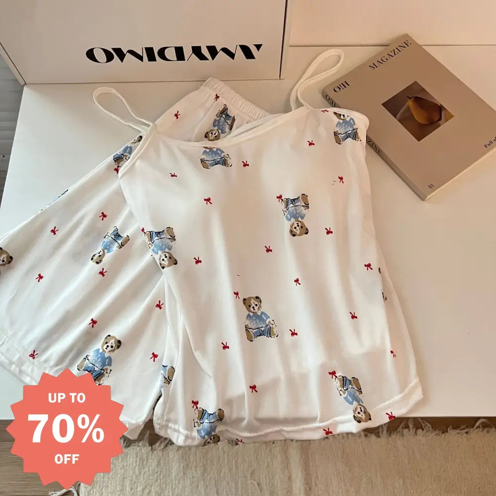 ID1378 パッド付き くまプリント キャミソール＆ショートパンツ セット レディース セクシー 可愛い ルームウェア 外出着兼用 パジャマ