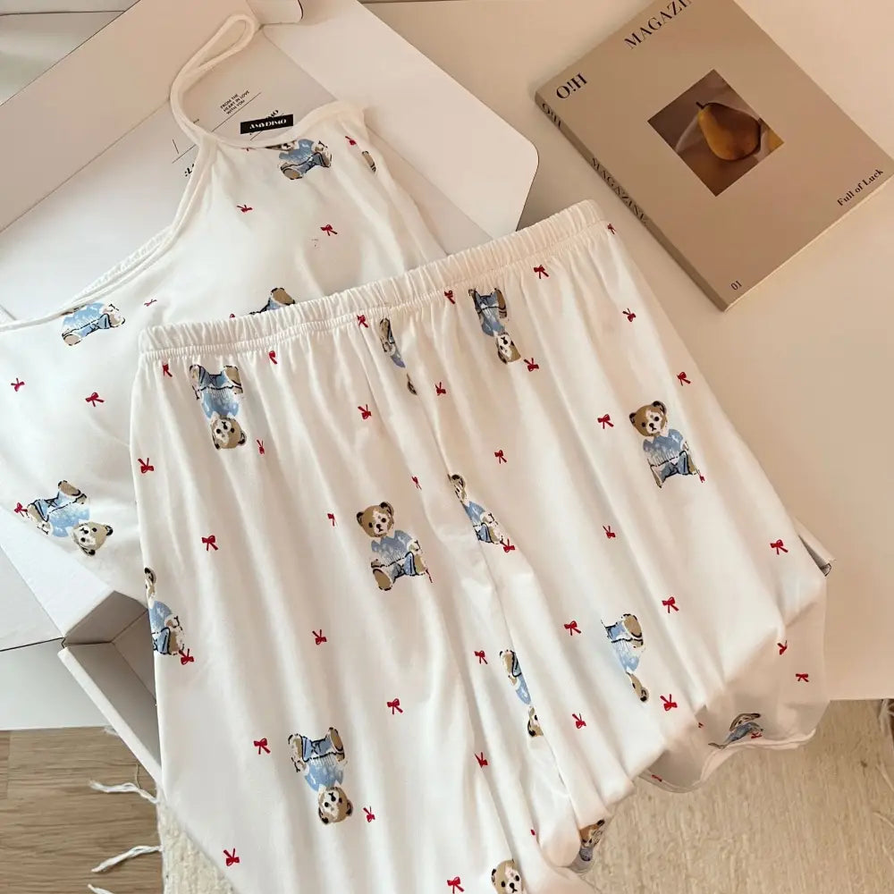 ID1378 パッド付き くまプリント キャミソール＆ショートパンツ セット レディース セクシー 可愛い ルームウェア 外出着兼用 パジャマ