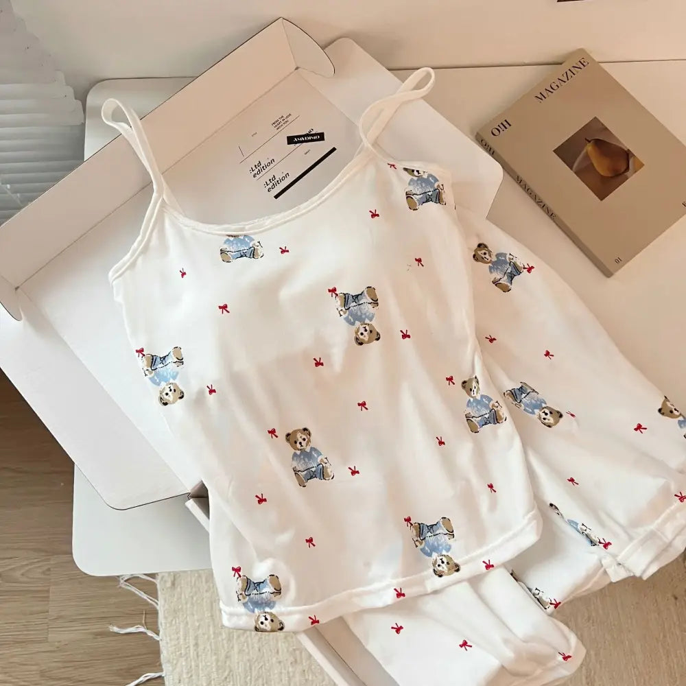 ID1378 パッド付き くまプリント キャミソール＆ショートパンツ セット レディース セクシー 可愛い ルームウェア 外出着兼用 パジャマ タイプ① / M レディース＞セットアップ
