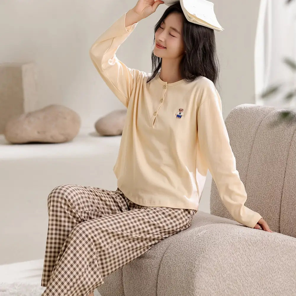 パッド付き 綿100% パジャマ セット 春秋 長袖 大人気 ルームウェア 大きいサイズ 上品 部屋着 女子 2点セット ID4016 ベージュ / M