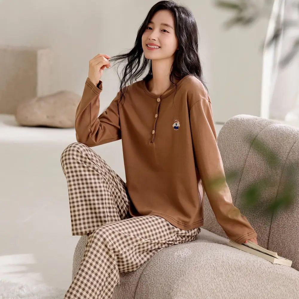 パッド付き 綿100% パジャマ セット 春秋 長袖 大人気 ルームウェア 大きいサイズ 上品 部屋着 女子 2点セット ID4016 ブラウン / M
