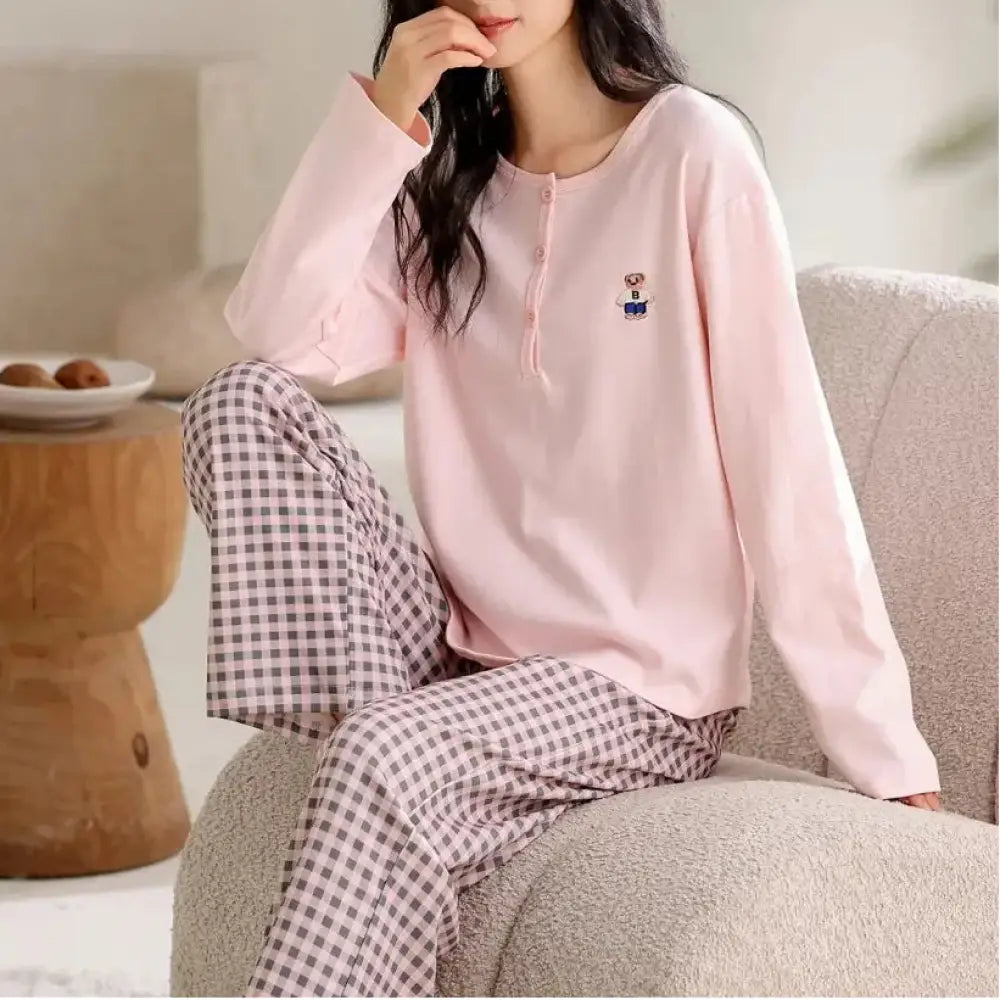 パッド付き 綿100% パジャマ セット 春秋 長袖 大人気 ルームウェア 大きいサイズ 上品 部屋着 女子 2点セット ID4016 ピンク / M レディース＞セットアップ