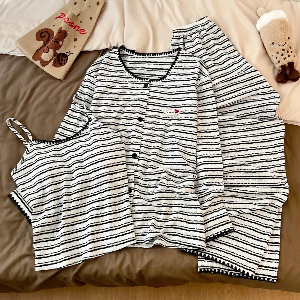 パッド付き タンクトップ ストライプ パジャマ セット 春秋 新作 3点セット ルームウェア 部屋着 肌触り最高 ID4193 写真通り / M