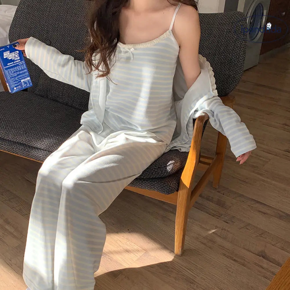 パジャマ 3点セット ルームウェア レディース 寝巻き 女の子 ボーダー 部屋着 サテン 可愛い 長袖 パンツ キャミソール 上下セット 無地 おしゃれ 秋 春 夏 レディース＞セットアップ