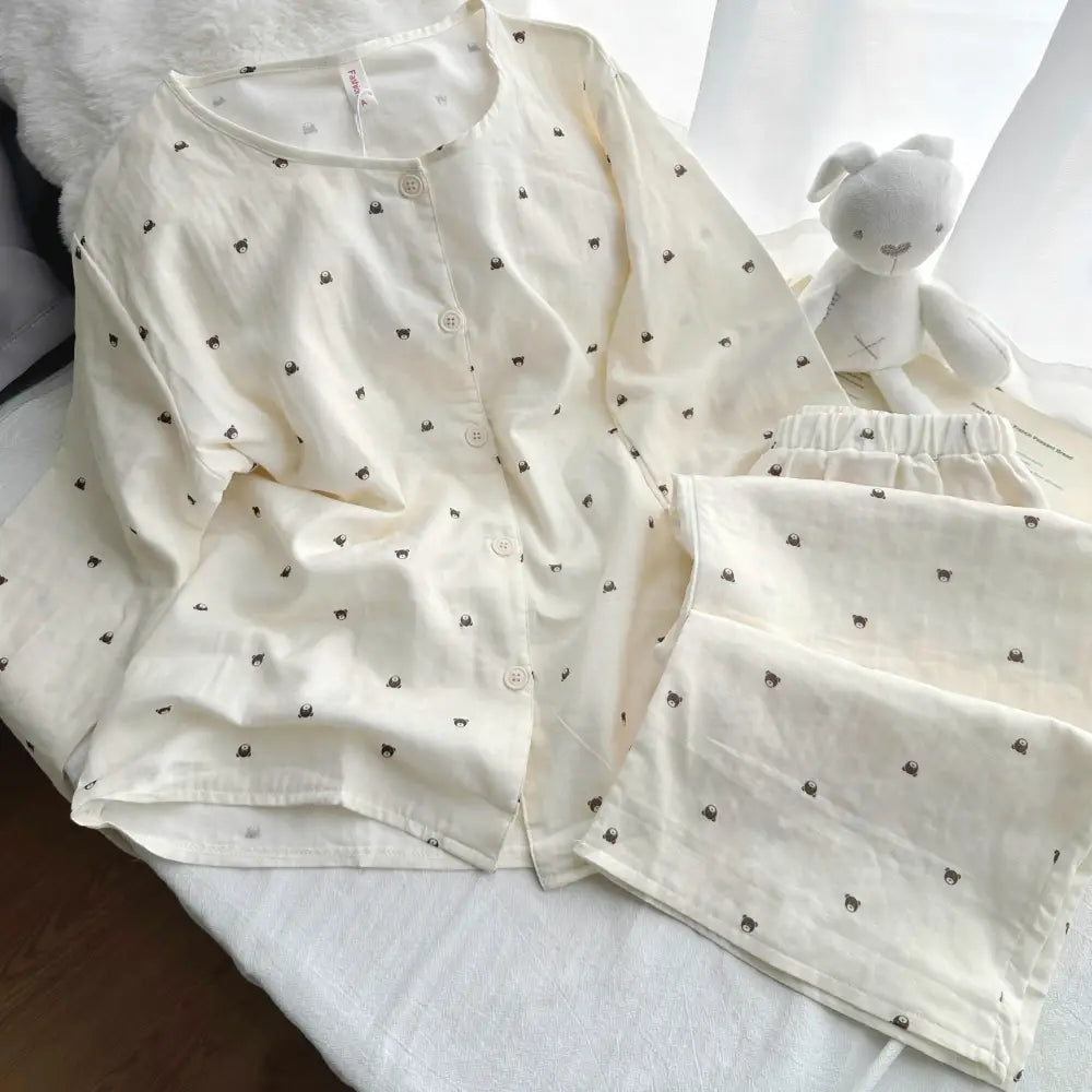 パジャマ 春秋 コットン 丸首 ルームウェア 長袖 かわいい セットアップ 部屋着 上下 セット カートゥーン ベア 2点セット ID4465 ホワイト / M レディース＞セットアップ