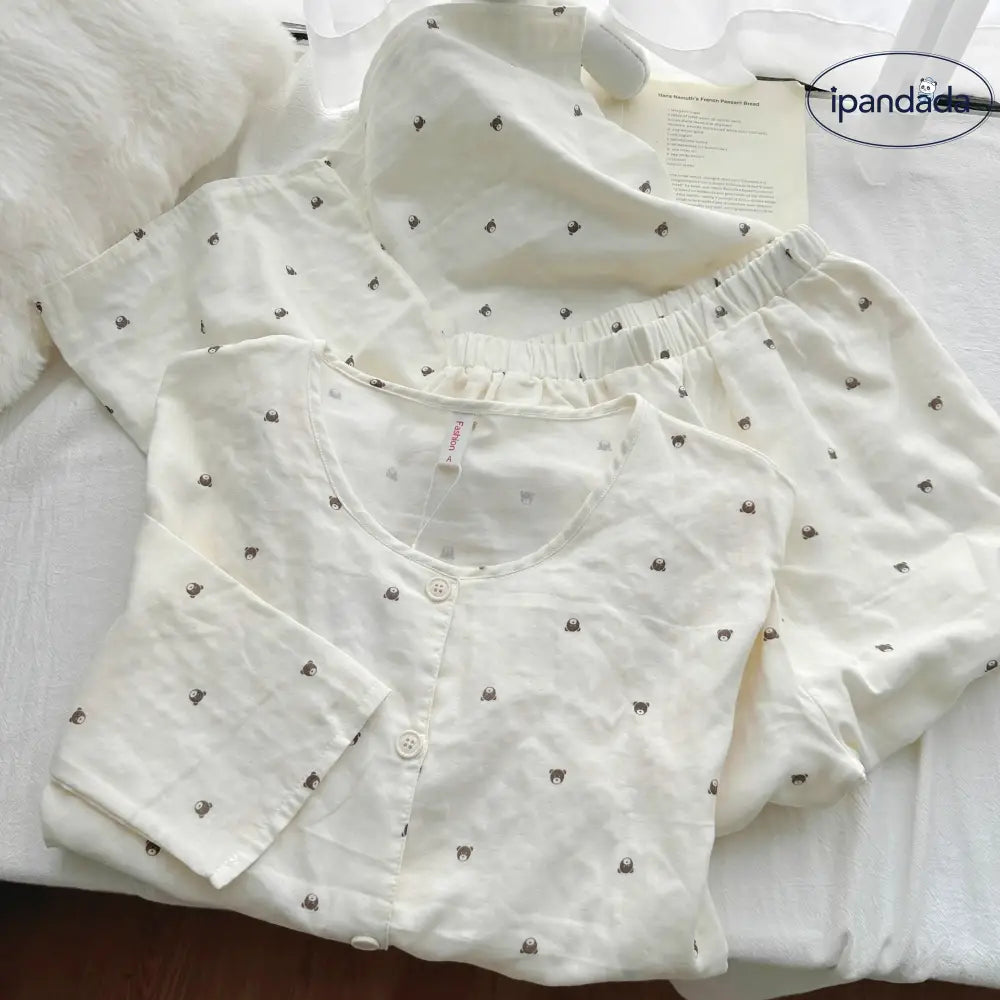 パジャマ 春秋 コットン 丸首 ルームウェア 長袖 かわいい セットアップ 部屋着 上下 セット カートゥーン ベア 2点セット ID4465 レディース＞セットアップ