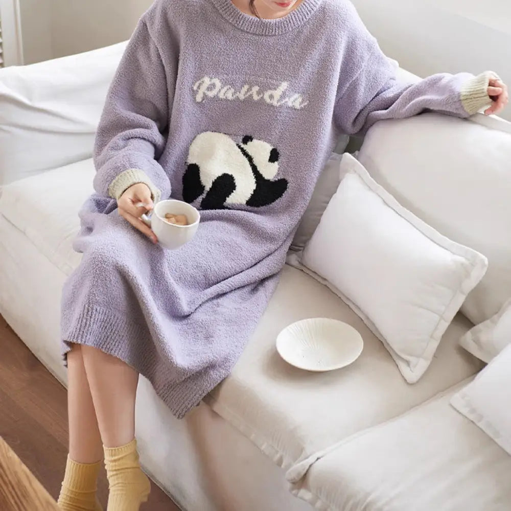 パジャマ 冬 可愛い パンダ ルームウェア ラウンドネック ワンピース モコモコ ボア ふわふわ 防寒 暖 レディース＞ワンピース