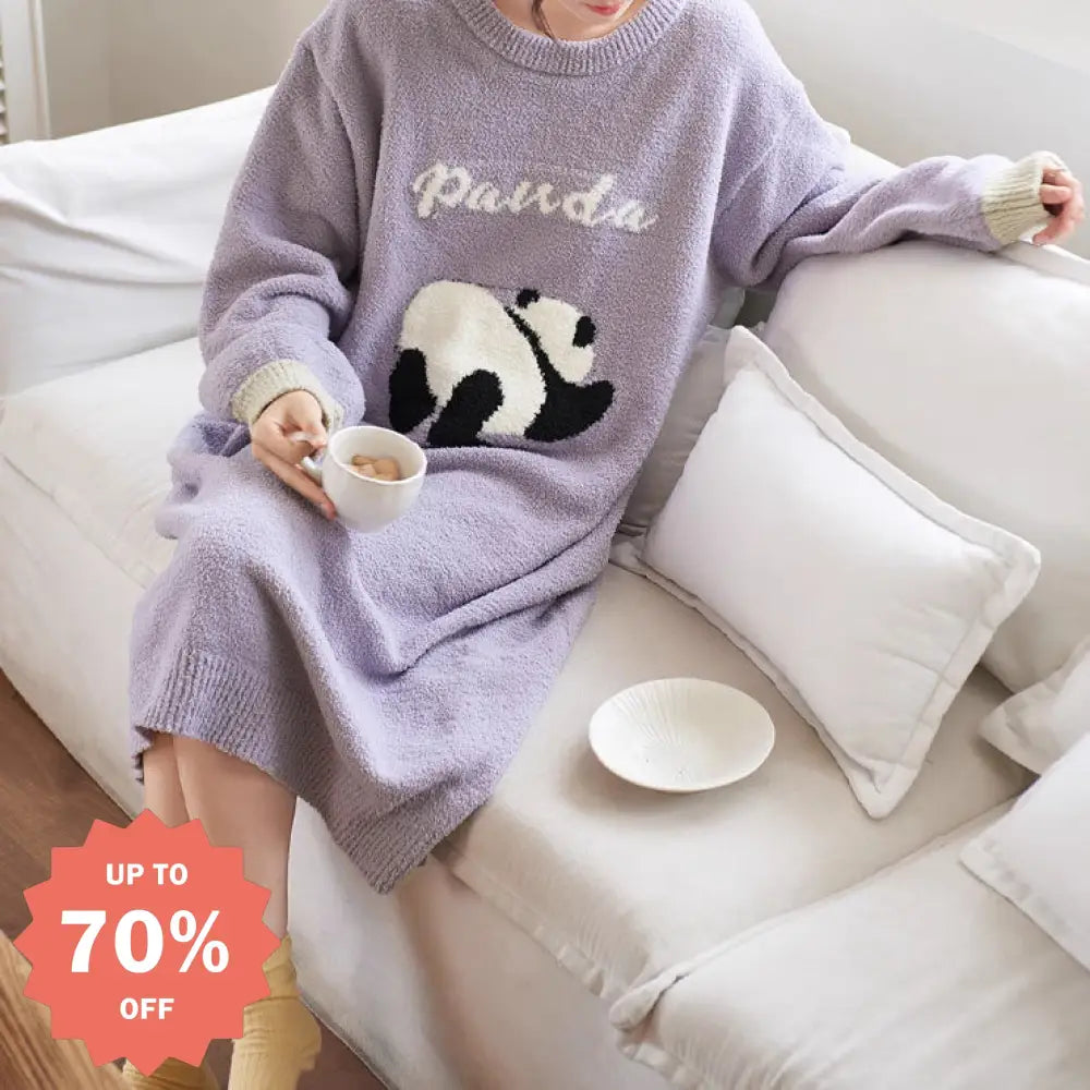 パジャマ 冬 可愛い パンダ ルームウェア ラウンドネック ワンピース モコモコ ボア ふわふわ 防寒 暖 レディース＞ワンピース