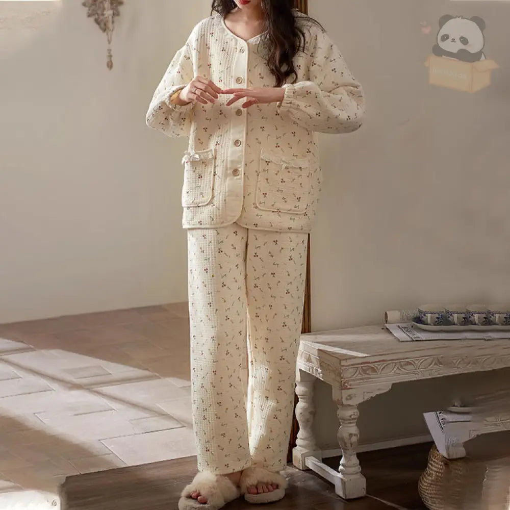 パジャマ 冬 ルームウェア スイート かわいい レース 花柄 切り替え フルーツ 部屋着 寝巻き ラウンドネック 写真通り / M レディース＞セットアップ