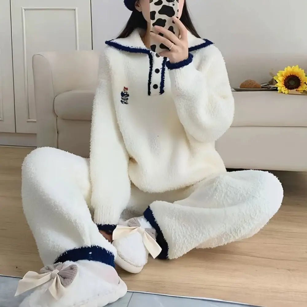 パジャマ フリース 厚手 女性 秋冬 高級感 外出可能 インフルエンサー 保温 ルームウェア 2点セット ID2846