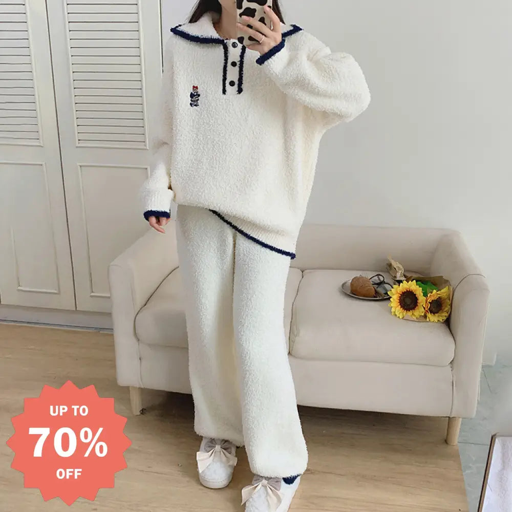 パジャマ フリース 厚手 女性 秋冬 高級感 外出可能 インフルエンサー 保温 ルームウェア 2点セット ID2846
