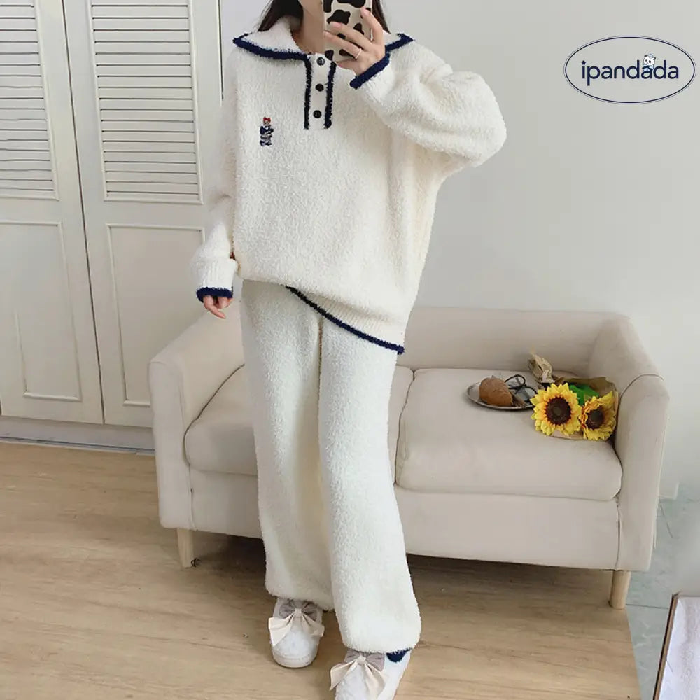 パジャマ フリース 厚手 女性 秋冬 高級感 外出可能 インフルエンサー 保温 ルームウェア 2点セット ID2846