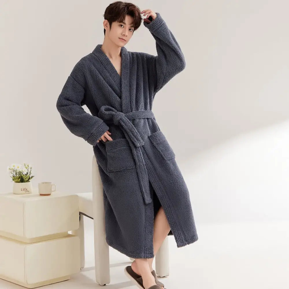 パジャマ ガウン レディース 秋冬用 コーラル フリース メンズ バスローブ カップル セット ロング バスガウン 厚手 冬用 カップル クリスマス ギフト ID3179 ダークグレー / メンズL コーディネート＞ペアルック