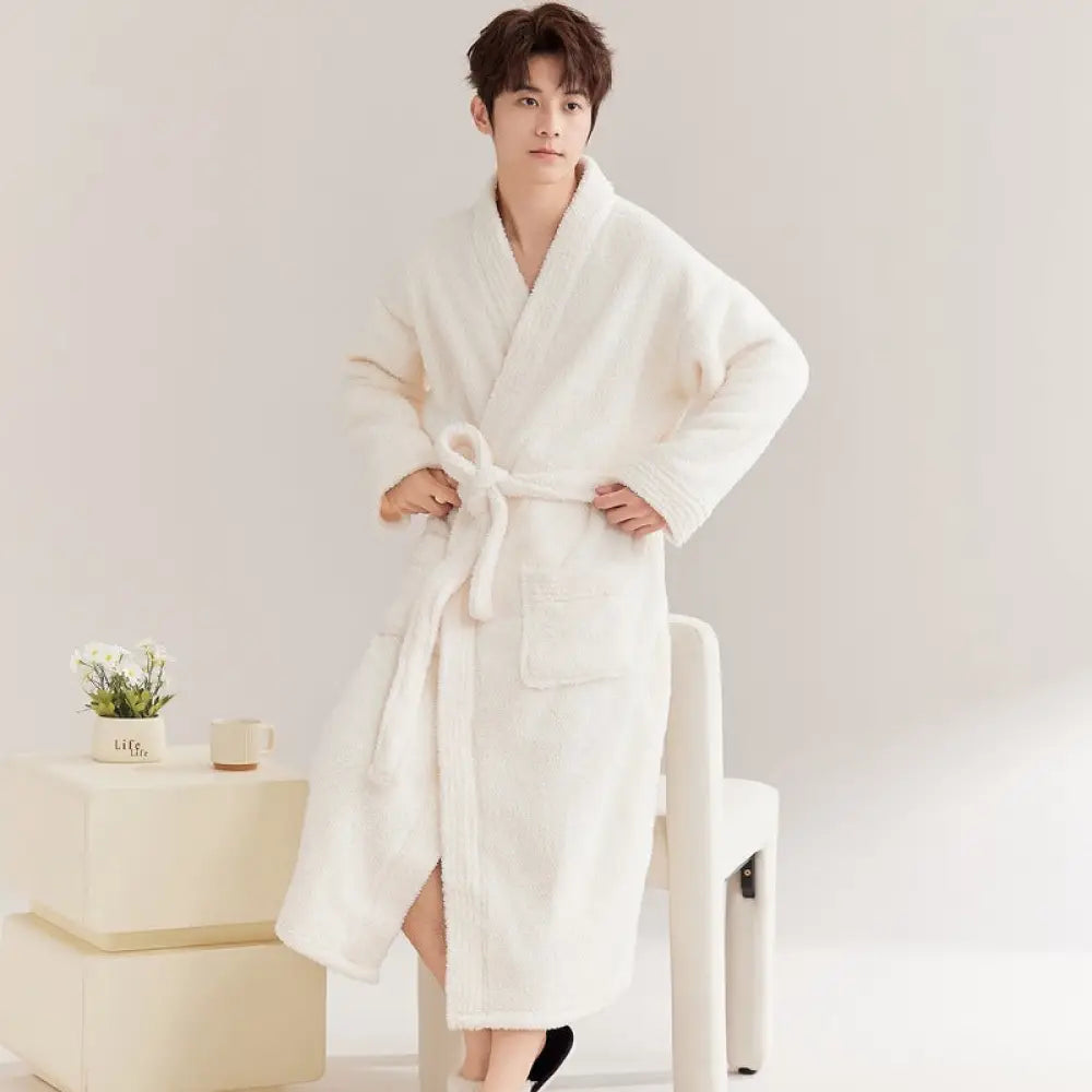 パジャマ ガウン レディース 秋冬用 コーラル フリース メンズ バスローブ カップル セット ロング バスガウン 厚手 冬用 カップル クリスマス ギフト ID3179 ホワイト / メンズL コーディネート＞ペアルック