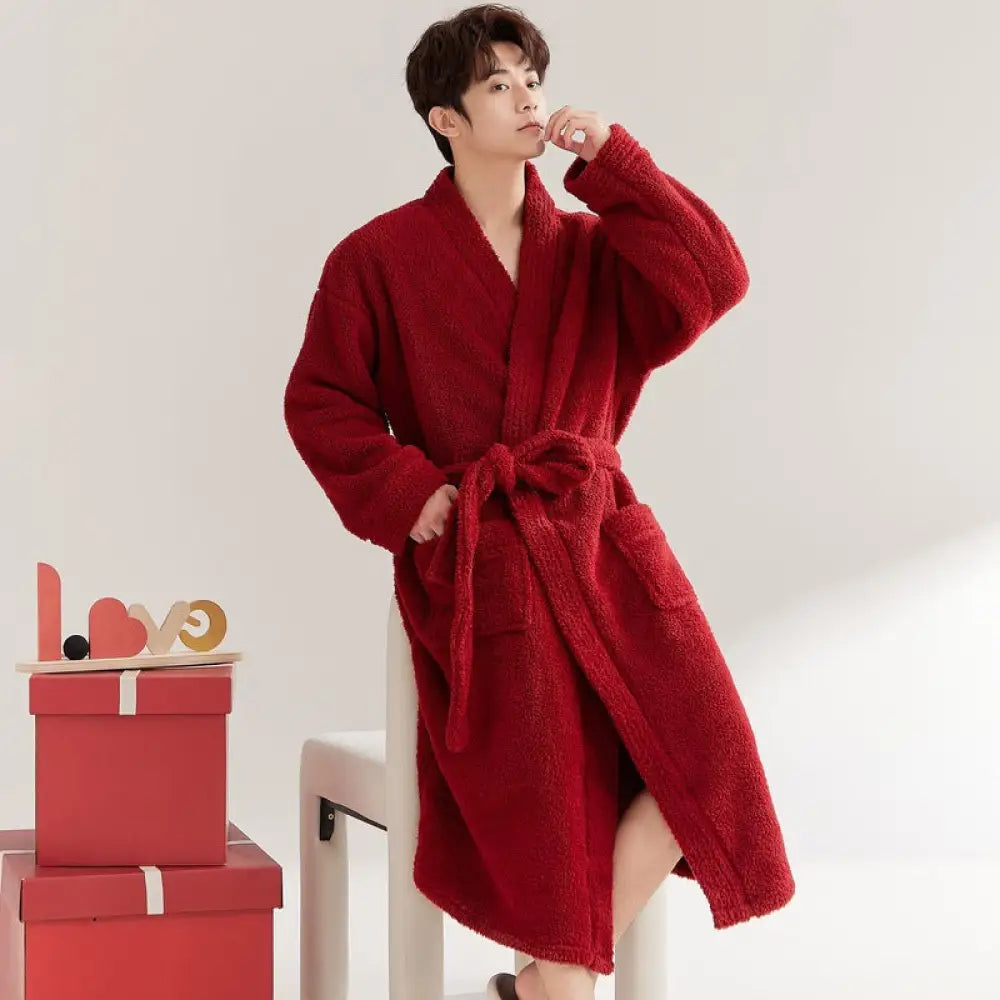 パジャマ ガウン レディース 秋冬用 コーラル フリース メンズ バスローブ カップル セット ロング バスガウン 厚手 冬用 カップル クリスマス ギフト ID3179 レッド / メンズL コーディネート＞ペアルック