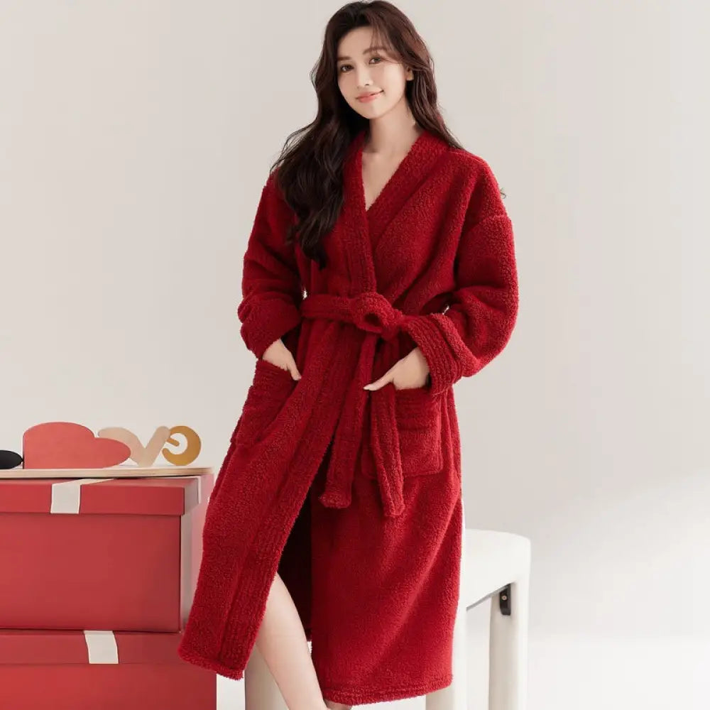 パジャマ ガウン レディース 秋冬用 コーラル フリース メンズ バスローブ カップル セット ロング バスガウン 厚手 冬用 カップル クリスマス ギフト ID3179 レッド / レディースＭ コーディネート＞ペアルック