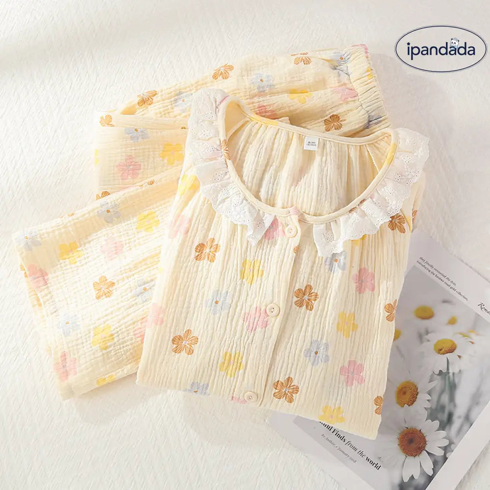 パジャマ ガーゼ レディース 花柄 ルームウェア 綿100% 前開き ウエストゴム 上下セット ナイトウェア 長袖 長ズボン 春秋用 春 夏 秋 ロングパンツ 部屋着 室内着 柔らかい お洒落 大人用 寝間着 コットン ダブルガーゼ