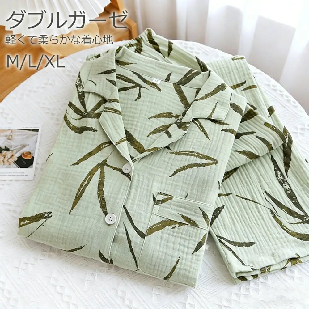 パジャマ ガーゼ レディース 竹柄 ルームウェア 綿100% ウエストゴム 女性 ナイトウェア 長袖 長ズボン 春秋用 春 夏 秋 ロングパンツ 部屋着 室内着 コットン ダブルガーゼ おしゃれ 通気性 母の日 30代 40代 50代