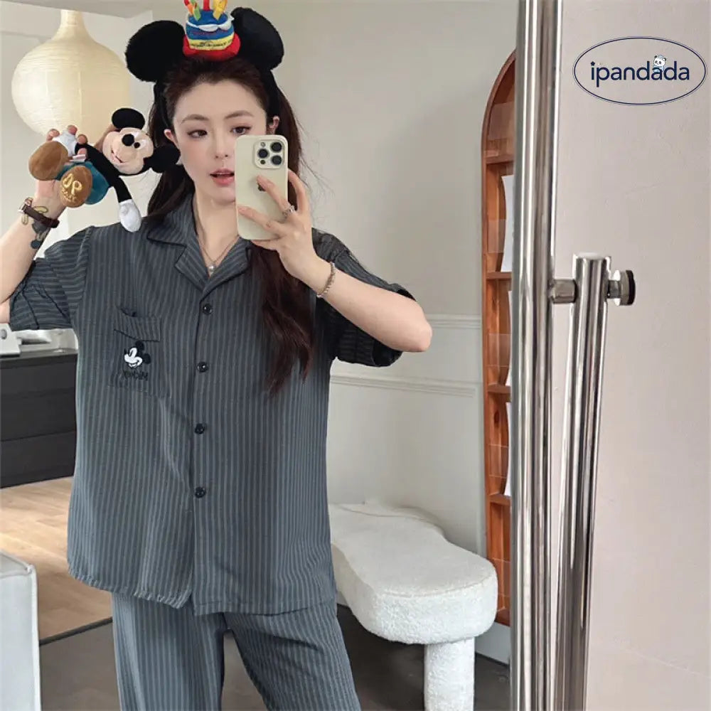 ID889 パジャマ カップル メンズ レディース ディズニー風 キャラクター ストライプ ガーゼ ソフト 半袖 長ズボン インスタ風 外出対応 ホームウェア セット カップル＞セットアップ