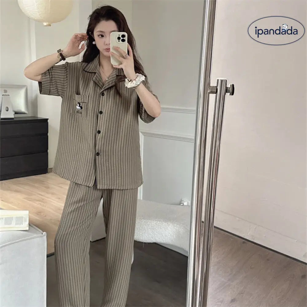 ID889 パジャマ カップル メンズ レディース ディズニー風 キャラクター ストライプ ガーゼ ソフト 半袖 長ズボン インスタ風 外出対応 ホームウェア セット カップル＞セットアップ