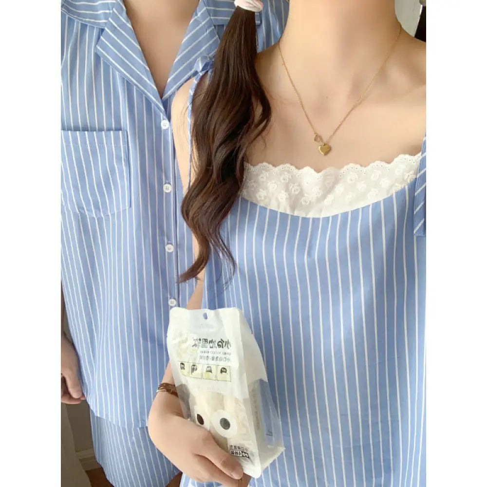 ID921 パジャマ カップル メンズ レディース 夏 新作 韓国風 インスタ風 フレンチ セクシー ストライプ柄 ストラップトップ ショートパンツ 薄手 セット 外出対応 ホームウェア ルームウェア 部屋着 通気性抜群