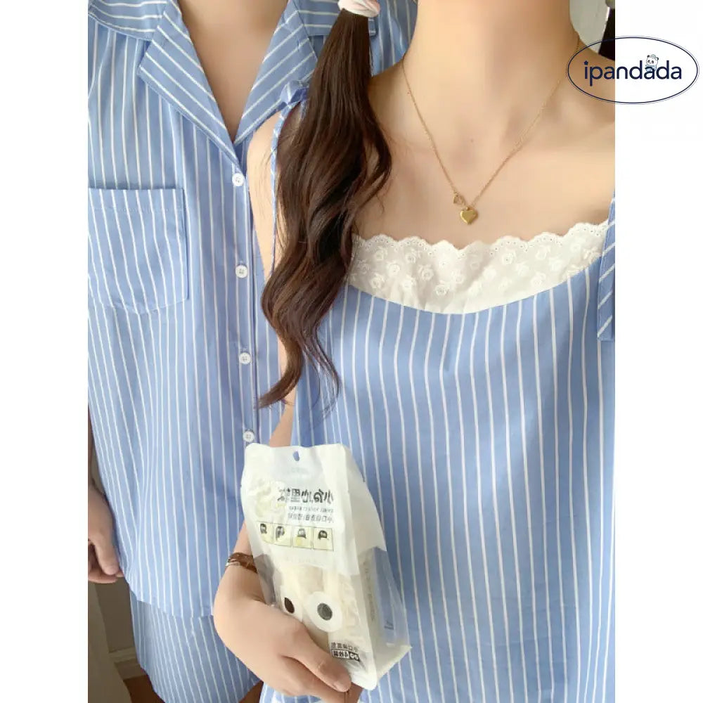 ID921 パジャマ カップル メンズ レディース 夏 新作 韓国風 インスタ風 フレンチ セクシー ストライプ柄 ストラップトップ ショートパンツ 薄手 セット 外出対応 ホームウェア ルームウェア 部屋着 通気性抜群