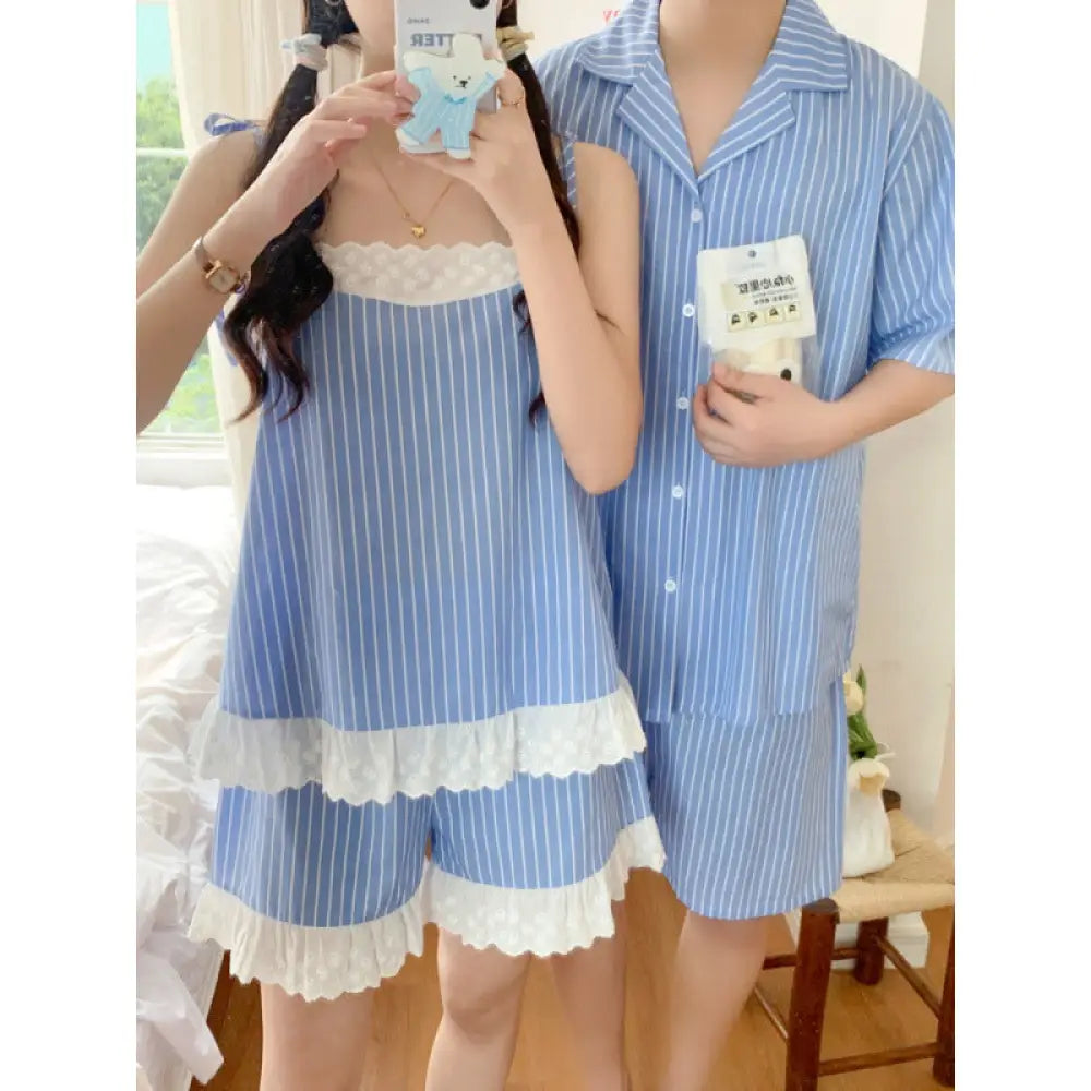 ID921 パジャマ カップル メンズ レディース 夏 新作 韓国風 インスタ風 フレンチ セクシー ストライプ柄 ストラップトップ ショートパンツ 薄手 セット 外出対応 ホームウェア ルームウェア 部屋着 通気性抜群