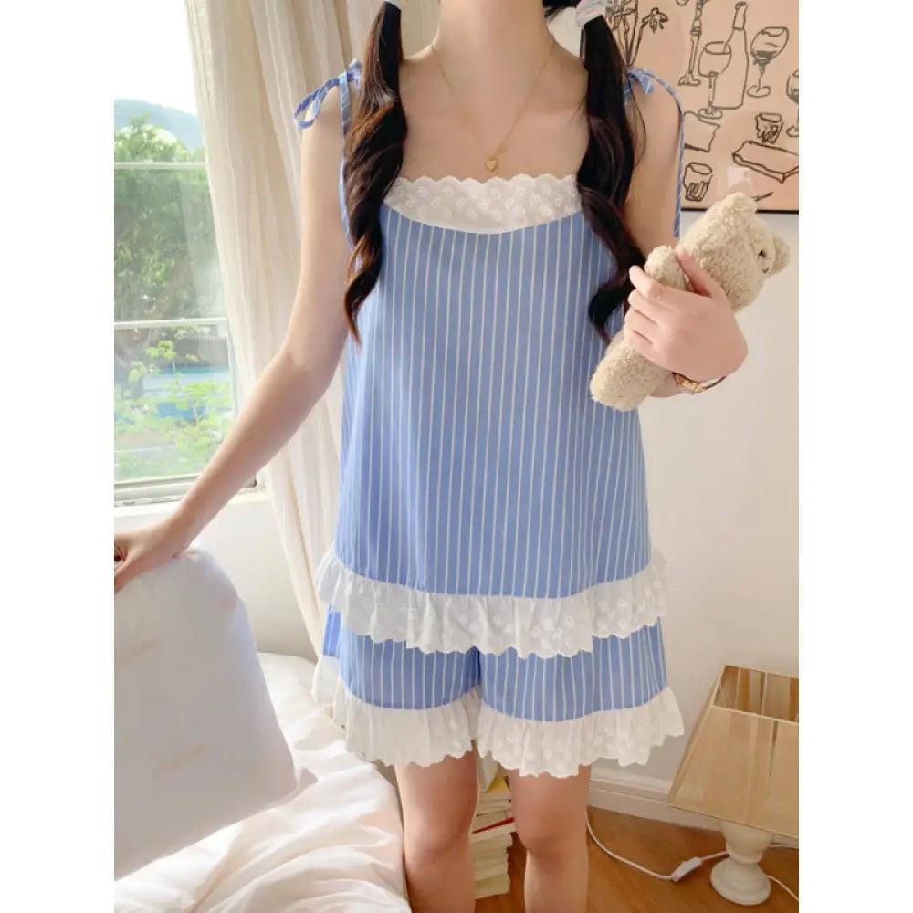 ID921 パジャマ カップル メンズ レディース 夏 新作 韓国風 インスタ風 フレンチ セクシー ストライプ柄 ストラップトップ ショートパンツ 薄手 セット 外出対応 ホームウェア ルームウェア 部屋着 通気性抜群 レディース