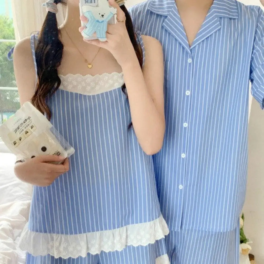 ID921 パジャマ カップル メンズ レディース 夏 新作 韓国風 インスタ風 フレンチ セクシー ストライプ柄 ストラップトップ ショートパンツ 薄手 セット 外出対応 ホームウェア ルームウェア 部屋着 通気性抜群