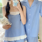ID921 パジャマ カップル メンズ レディース 夏 新作 韓国風 インスタ風 フレンチ セクシー ストライプ柄 ストラップトップ ショートパンツ 薄手 セット 外出対応 ホームウェア ルームウェア 部屋着 通気性抜群