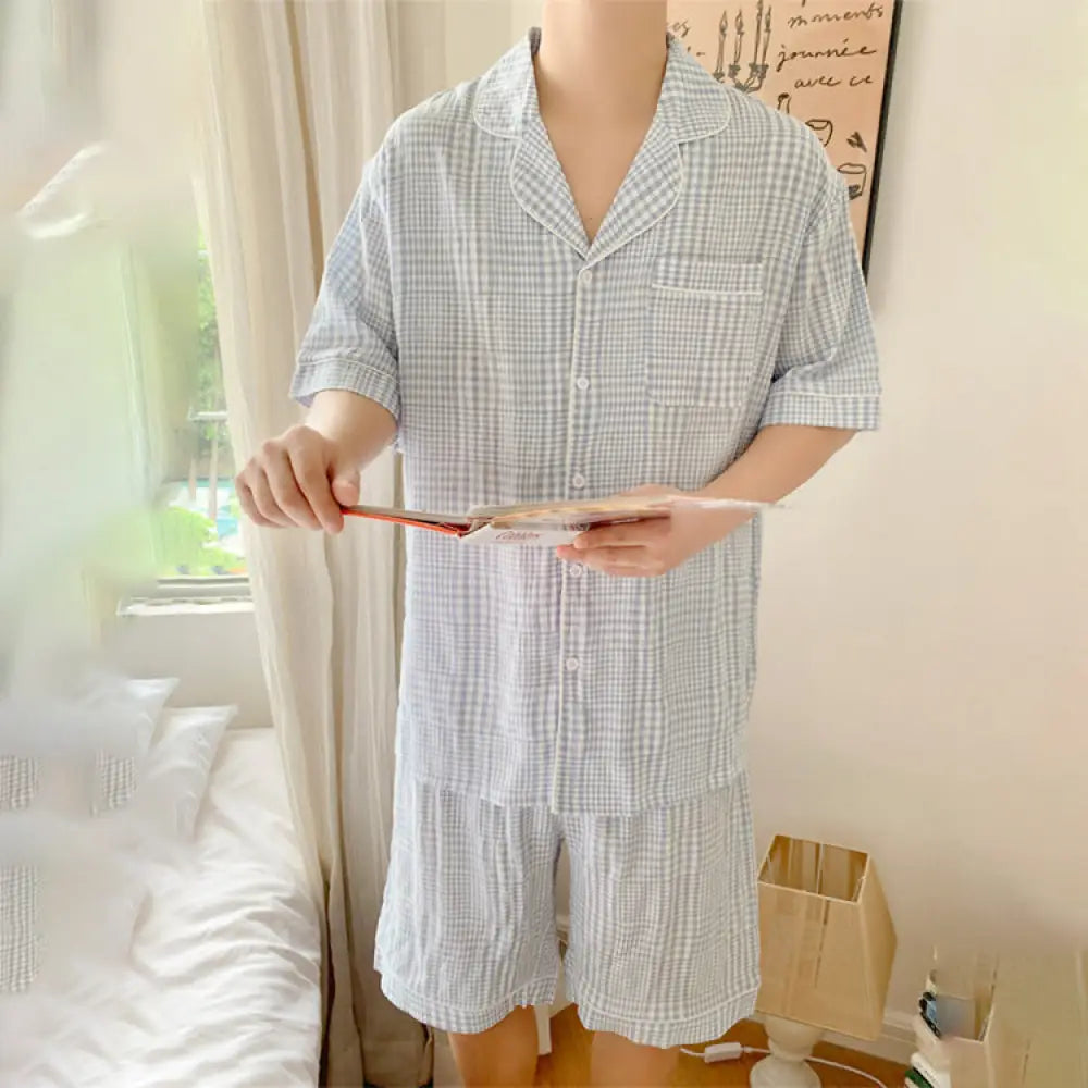 ID917 パジャマ カップル メンズ レディース 夏 新作 韓国風 インスタ風 ルーズ シンプル チェック柄 ストラップ カジュアル ホームウェア ルームウェア セット メンズ / フリー カップル＞セットアップ