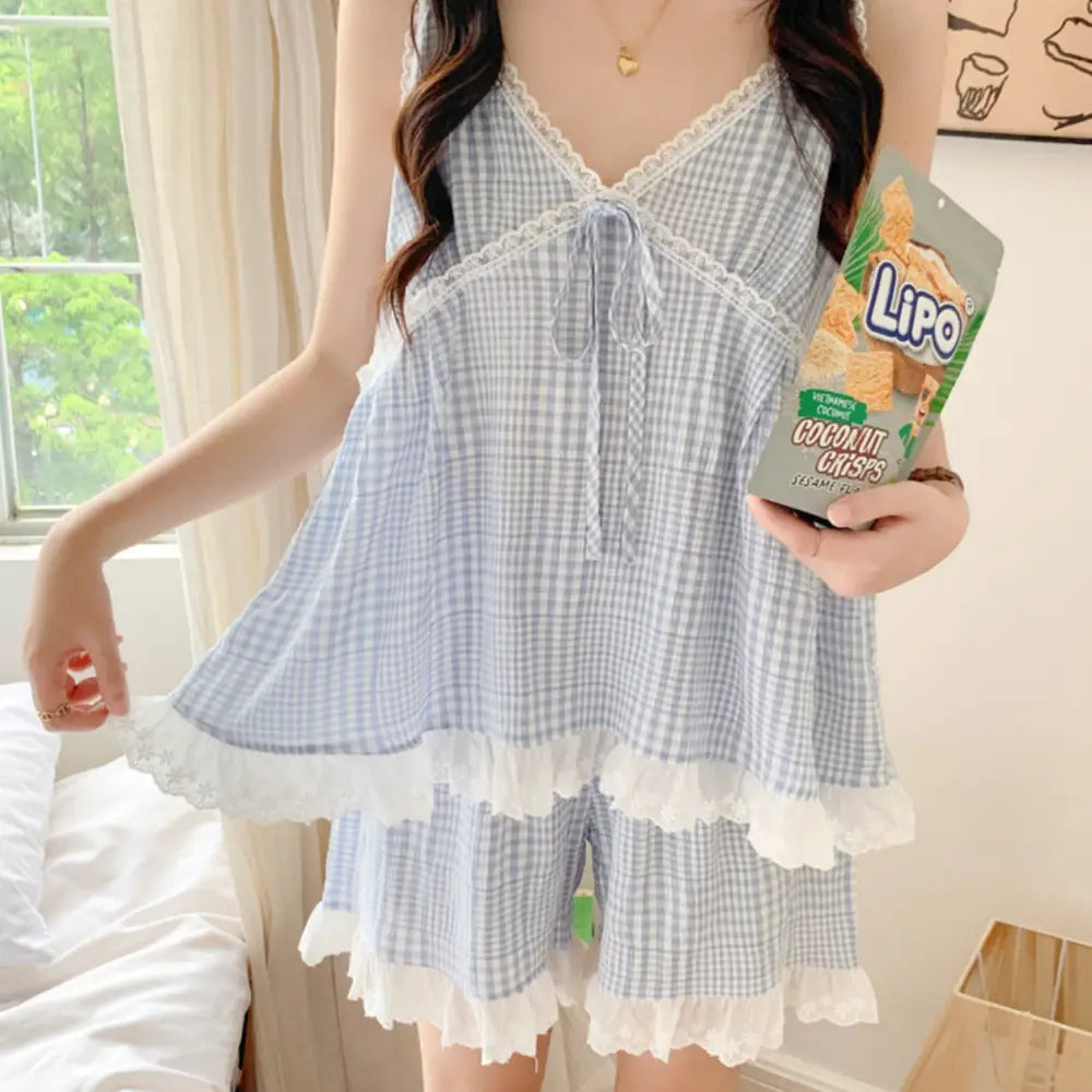 ID917 パジャマ カップル メンズ レディース 夏 新作 韓国風 インスタ風 ルーズ シンプル チェック柄 ストラップ カジュアル ホームウェア ルームウェア セット レディース / フリー カップル＞セットアップ