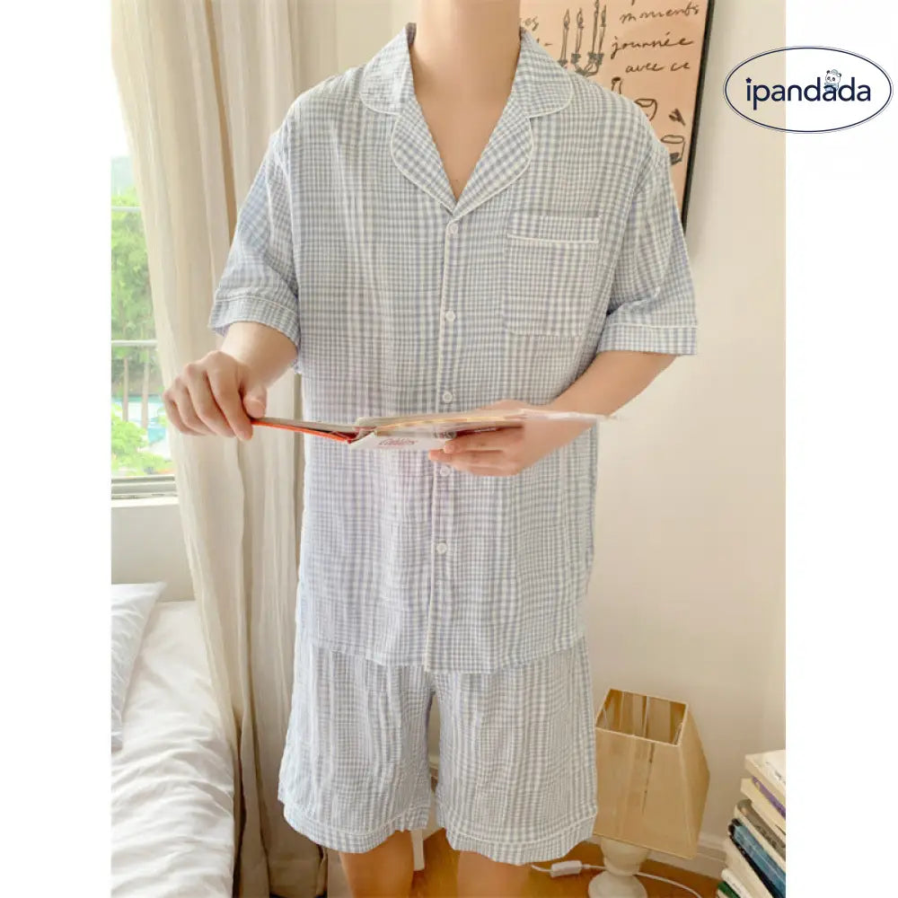 ID917 パジャマ カップル メンズ レディース 夏 新作 韓国風 インスタ風 ルーズ シンプル チェック柄 ストラップ カジュアル ホームウェア ルームウェア セット カップル＞セットアップ