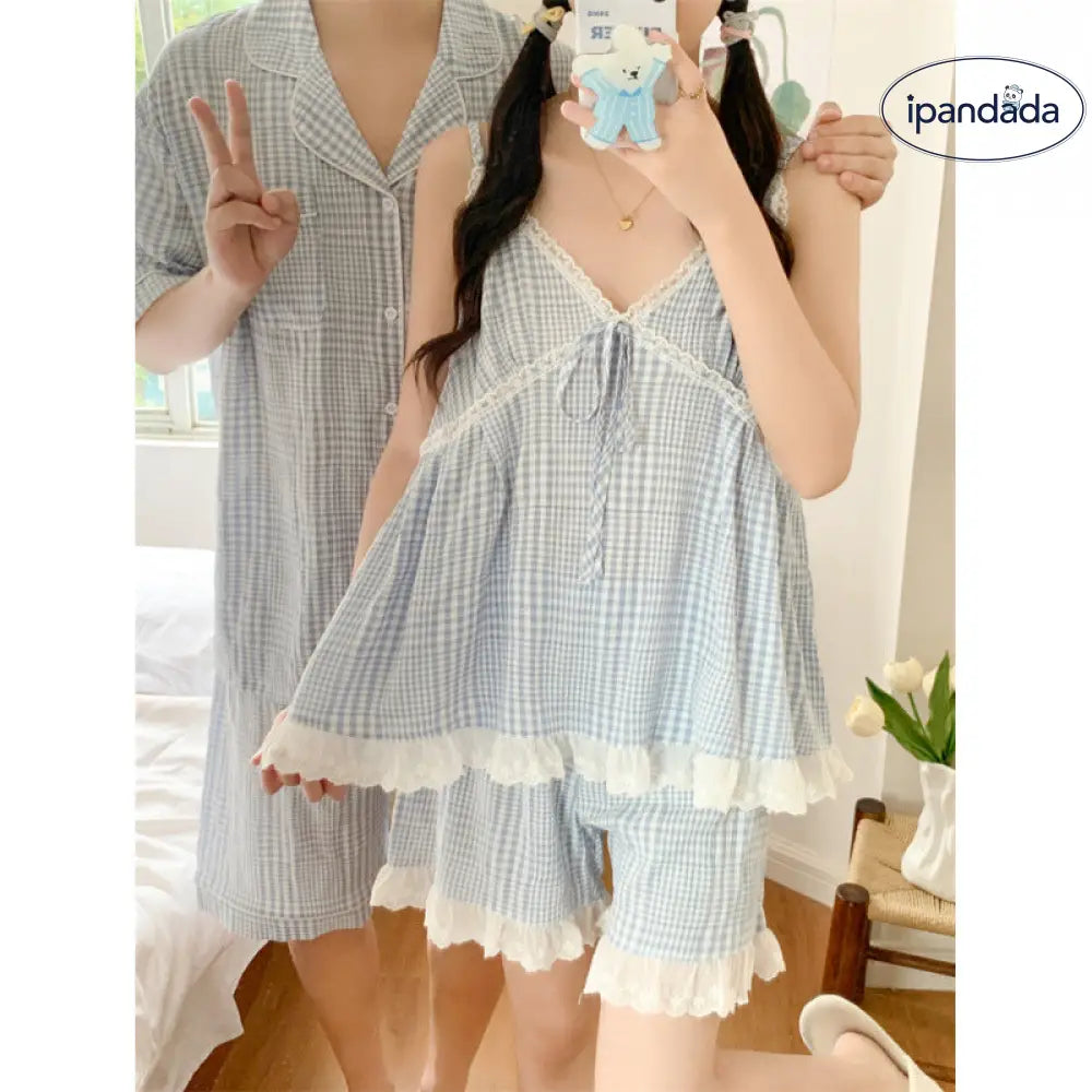 ID917 パジャマ カップル メンズ レディース 夏 新作 韓国風 インスタ風 ルーズ シンプル チェック柄 ストラップ カジュアル ホームウェア ルームウェア セット カップル＞セットアップ