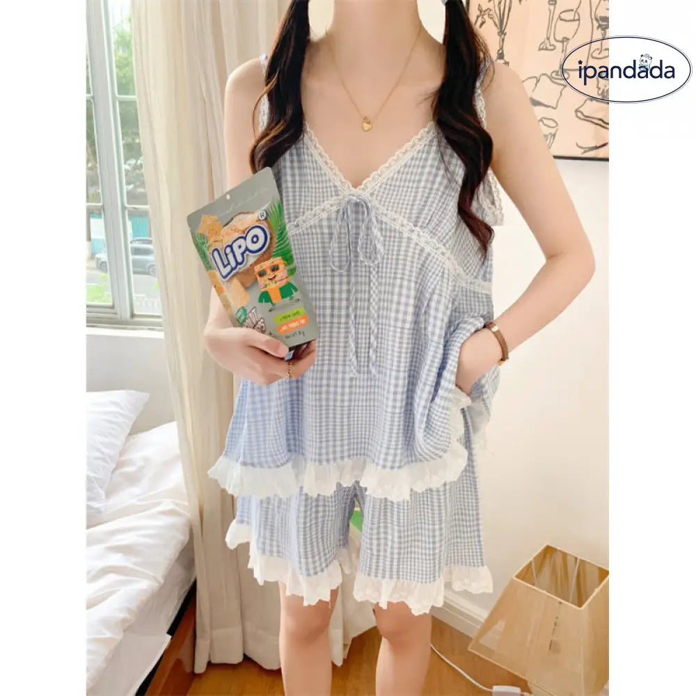 ID917 パジャマ カップル メンズ レディース 夏 新作 韓国風 インスタ風 ルーズ シンプル チェック柄 ストラップ カジュアル ホームウェア ルームウェア セット カップル＞セットアップ