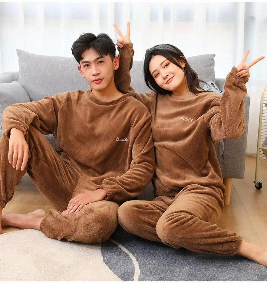 パジャマ カップル ペアルック ルームウェア フランネル 冬 フラノ ペアパジャマ 長袖 モコモコパジャマ 上下セット レディースメンズ 部屋着 暖かい ID2371 コーヒー / S