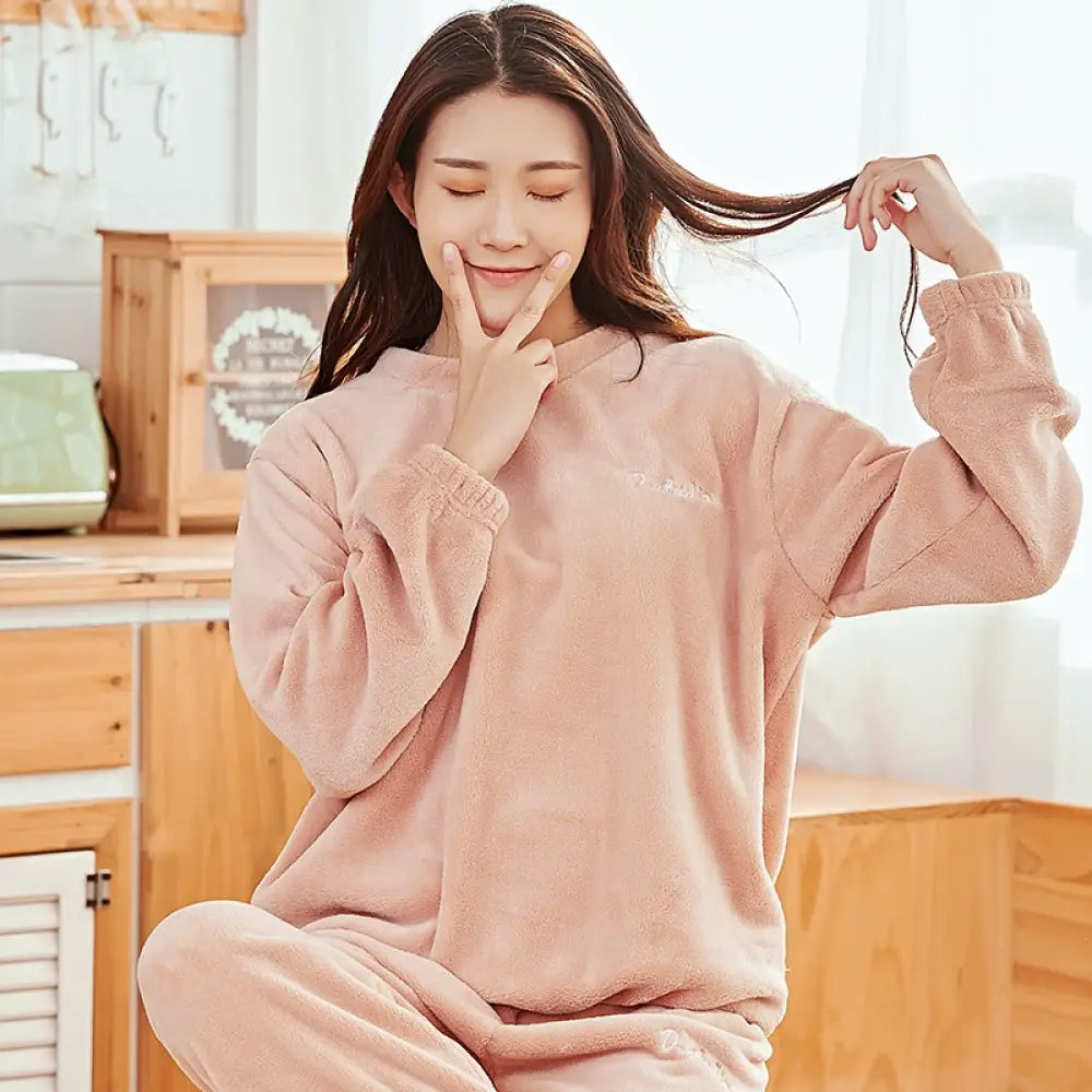 パジャマ カップル ペアルック ルームウェア フランネル 冬 フラノ ペアパジャマ 長袖 モコモコパジャマ 上下セット レディースメンズ 部屋着 暖かい ID2371 ピンク / S