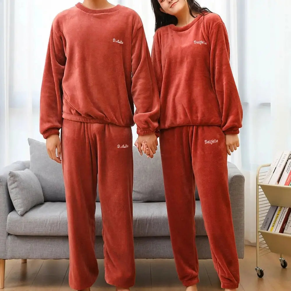 パジャマ カップル ペアルック ルームウェア フランネル 冬 フラノ ペアパジャマ 長袖 モコモコパジャマ 上下セット レディースメンズ 部屋着 暖かい ID2371 レッド / S
