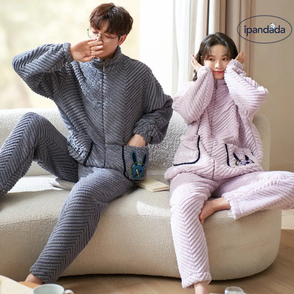 パジャマ カップル 秋冬 コーラルフリース 裏起毛 厚手 長袖 セット メンズ 保温 ルームウェア ID3743