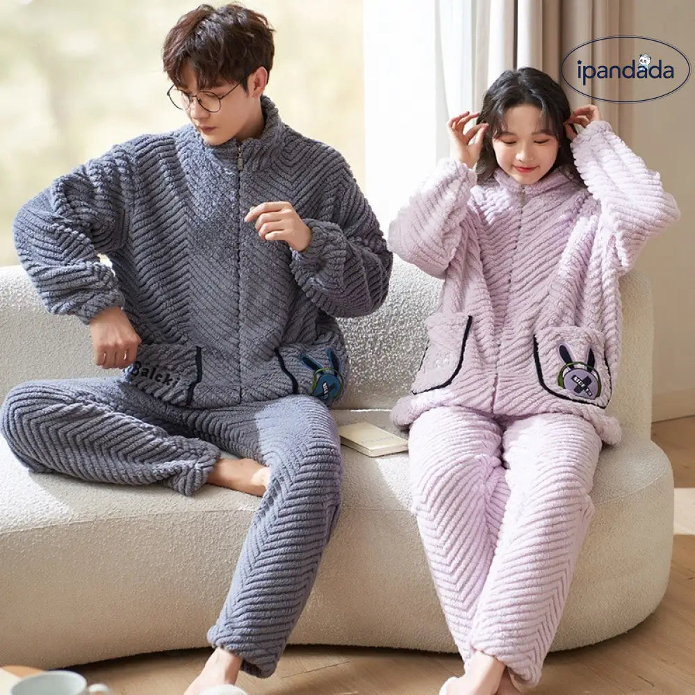 パジャマ カップル 秋冬 コーラルフリース 裏起毛 厚手 長袖 セット メンズ 保温 ルームウェア ID3743